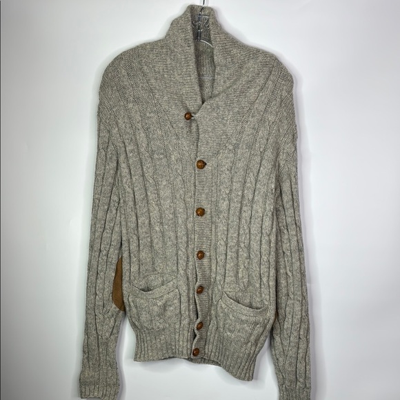 Vintage Gray Fishermans Grandpa Cardigan Sweater Elbow Patches Medium - Picture 1 of 7